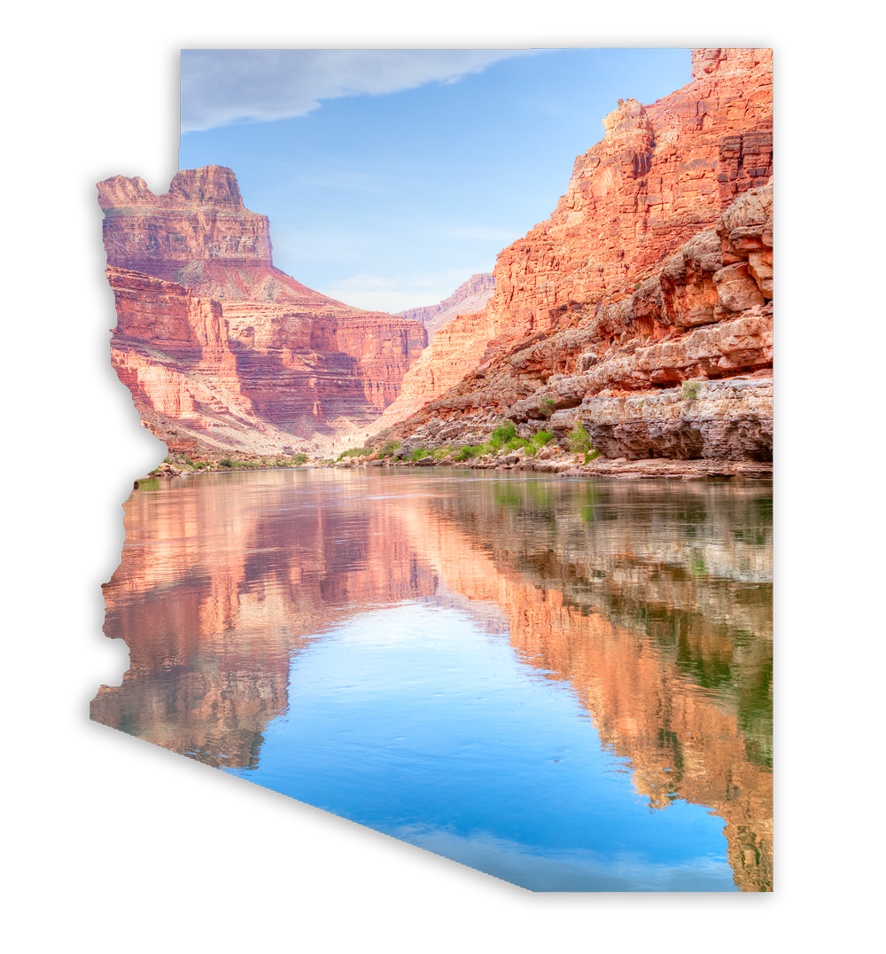 image of arizona mountains and streams in the shape of the state